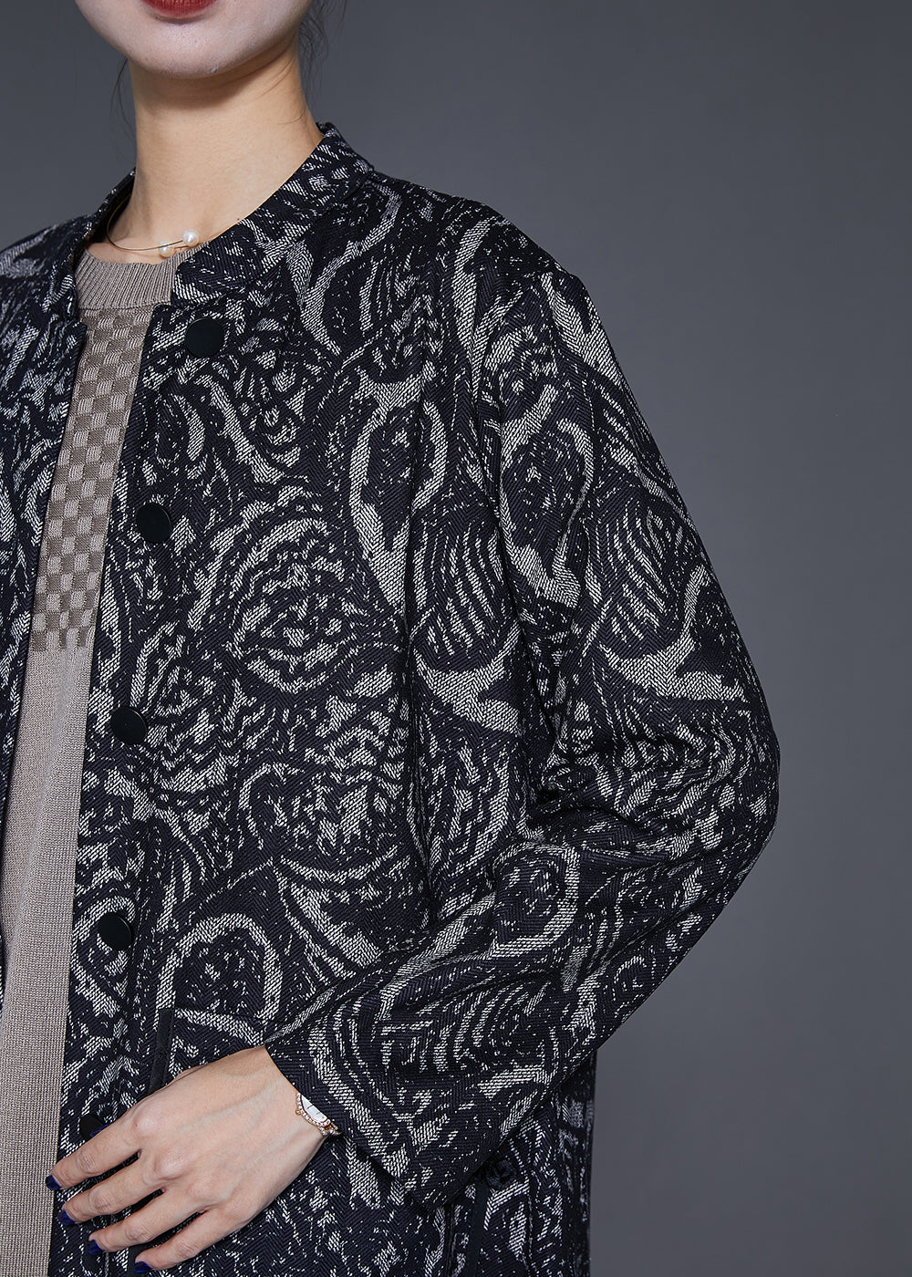Black Oversized Print Cotton Trench Coats Fall