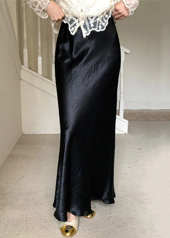 Boutique Black Side Open High Waist Silk Maxi Skirts Fall
