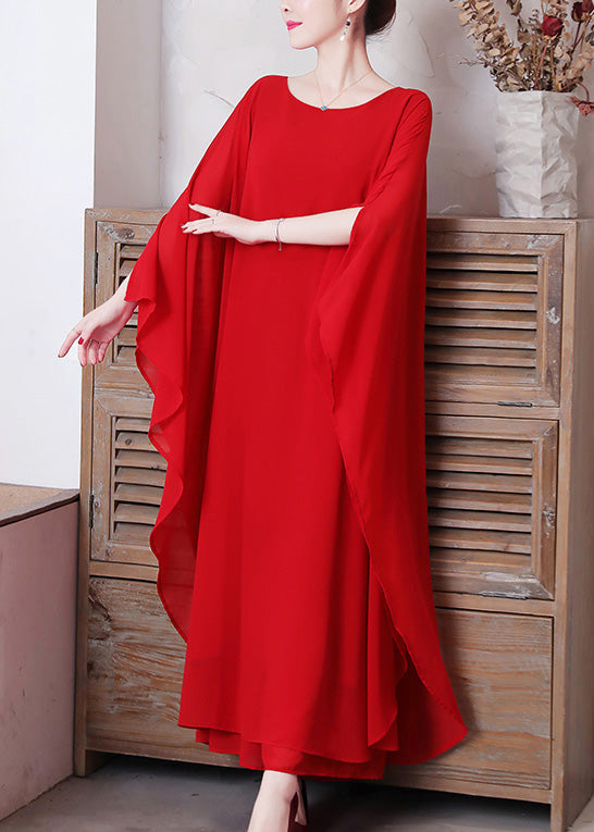 Red O-neck Chiffon Maxi Dress and Wide Leg Pants Two Pieces Set Long Sleeve