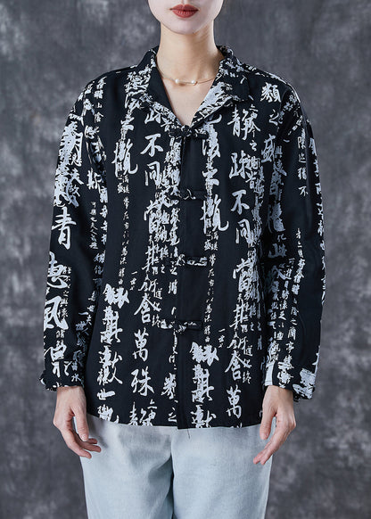 Black Print Chinese Button Cotton Shirt Spring
