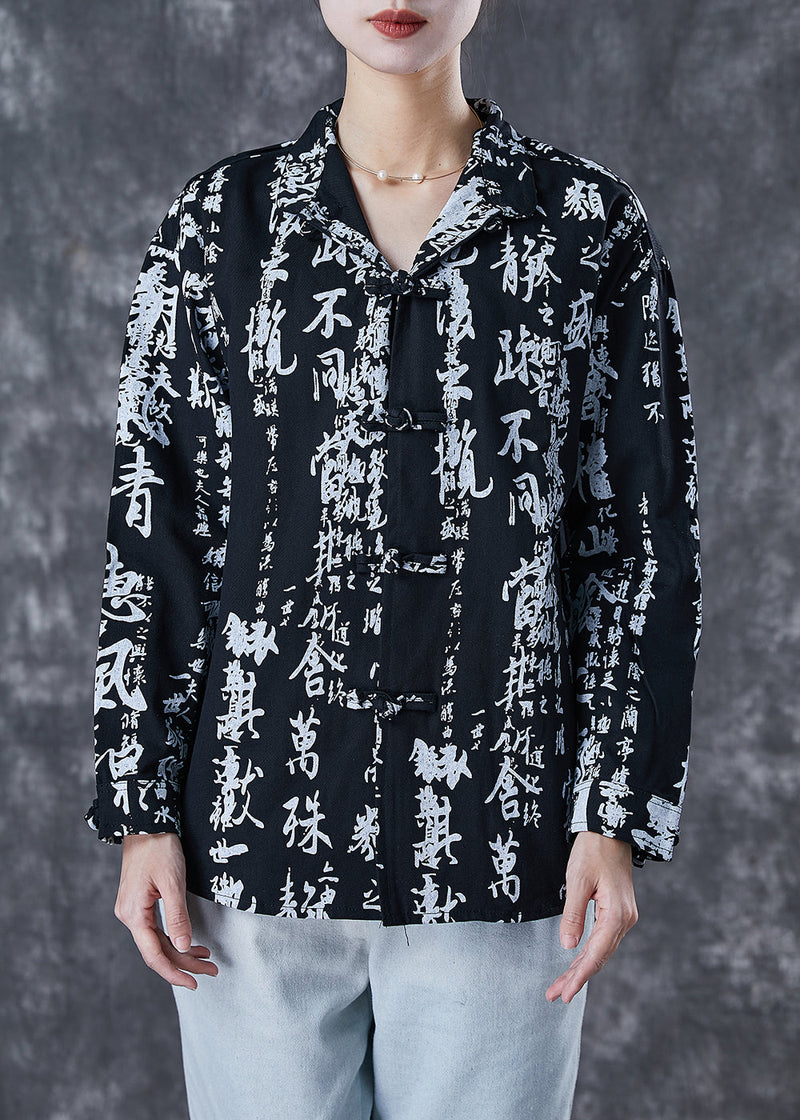 Black Print Chinese Button Cotton Shirt Spring