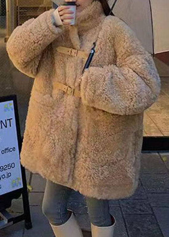Camel Buckle Strap Patchwork Faux Fur Jacket Winter