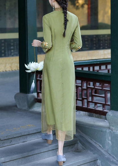 Green Stand Collar Embroideried Button Tulle Silk Dress Long Sleeve
