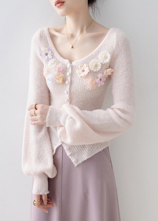 Unique Pink O Neck Knit Sweaters Lantern Sleeve