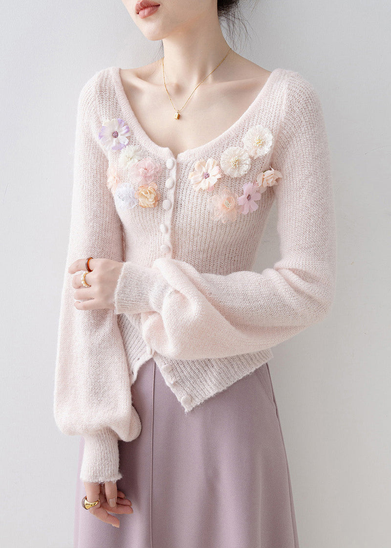 Unique Pink O Neck Knit Sweaters Lantern Sleeve