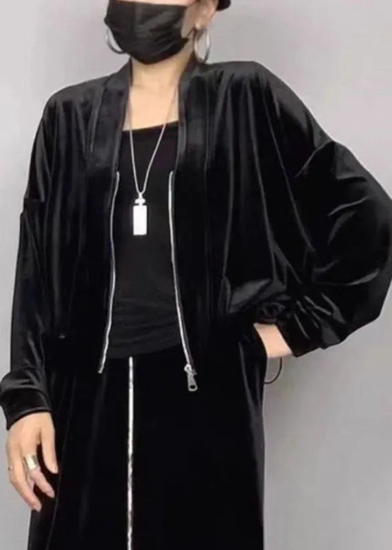 New Black V Neck Zippered Silk Velvet Coat Batwing Sleeve