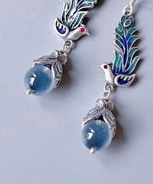 Blue Sterling Silver Cloisonne Enamel Phoenix Drop Earrings