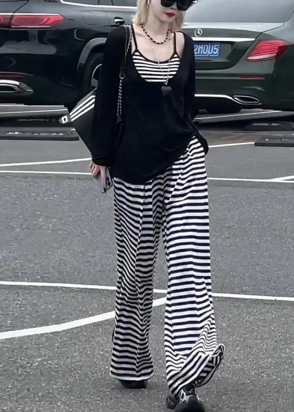 Striped Black Tops and Wide Leg Pants Cotton Three-piece Set Fall