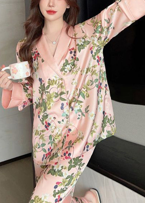Pink Peter Pan Collar Print Ice Silk Pajamas Two Pieces Set Spring