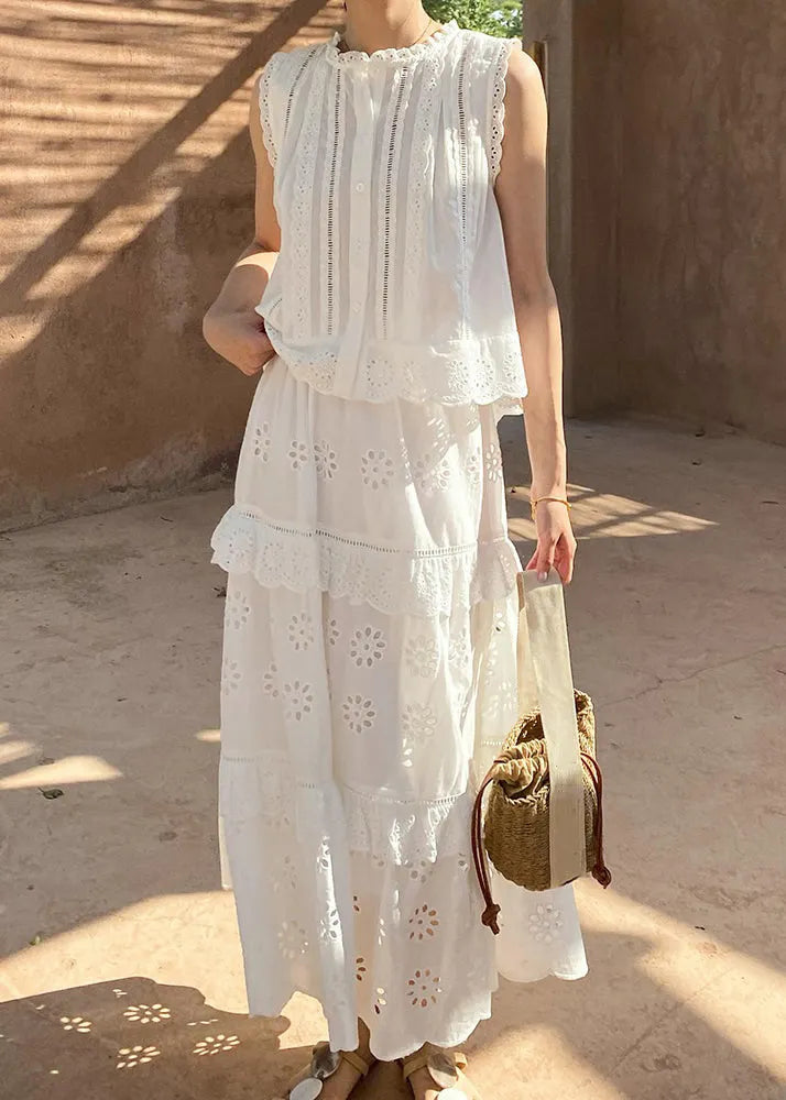 French White Hollow Out Blouses and Skirts Cotton Two Pieces Set Sleeveless