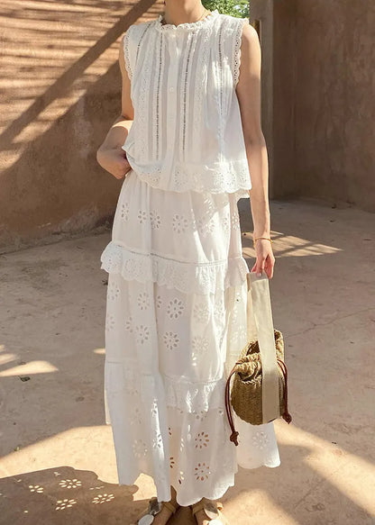 French White Hollow Out Blouses and Skirts Cotton Two Pieces Set Sleeveless
