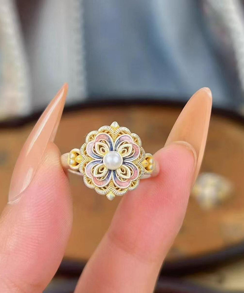 New Rainbow Alloy Enamel Pearl Rings