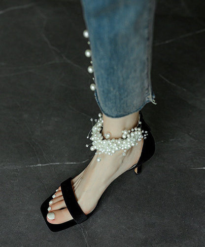 French Black Buckle Strap High Heel Sandals Nail Bead