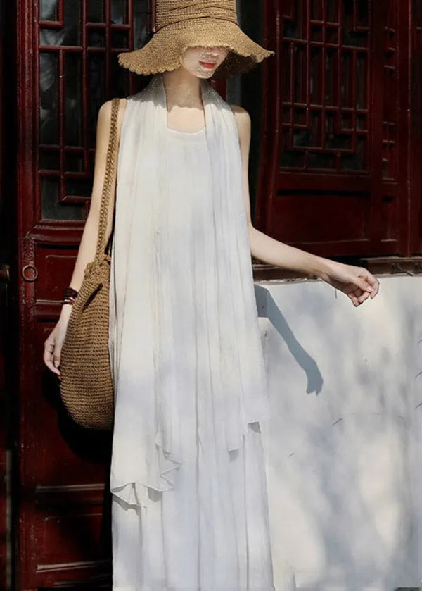French White Wrinkled Linen Spaghetti Strap Dress and Shawl Two Pieces Set Summer