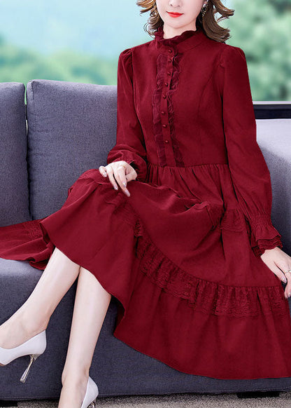 Pink Ruffled Lace Patchwork Exra Large Hem Silk Velour Dress Spring