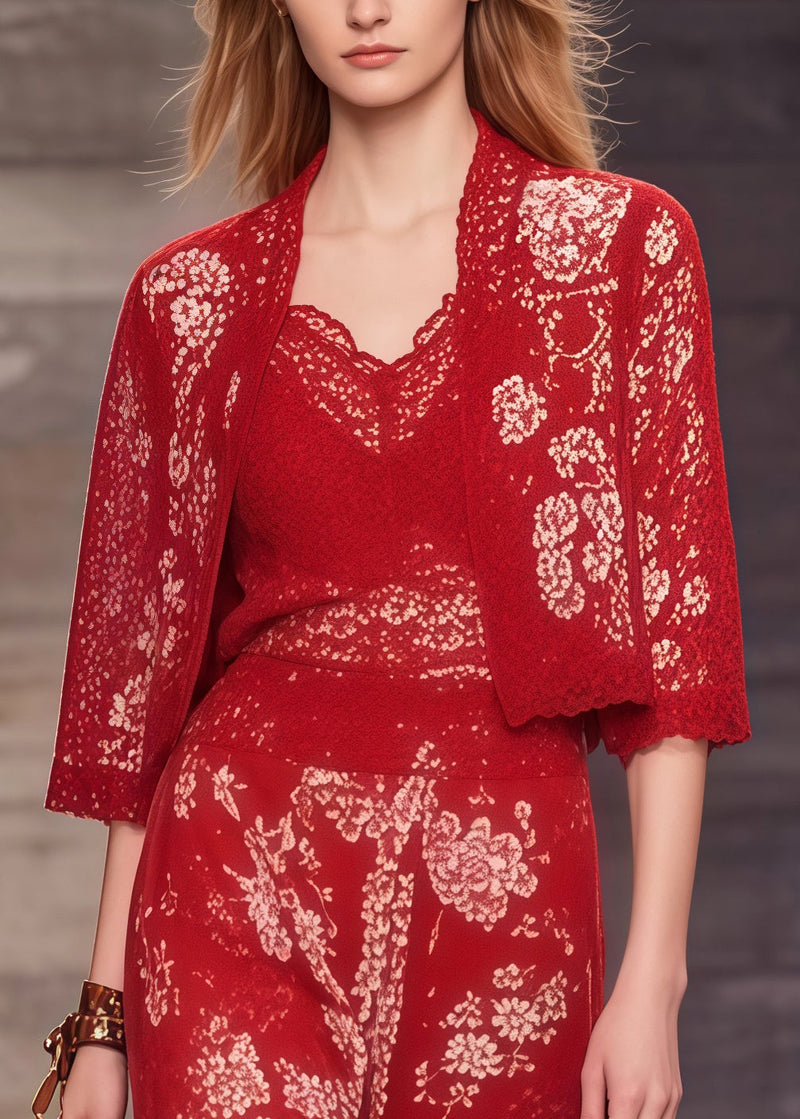 Red Print Lace Patchwork Spandex Two-piece Set Summer