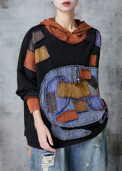 Black Hooded Patchwork Applique Cotton Pullover Sweatshirt Spring