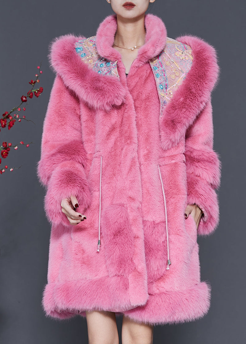 Pink Embroideried Drawstring Mink Velvet Coat Outwear Spring