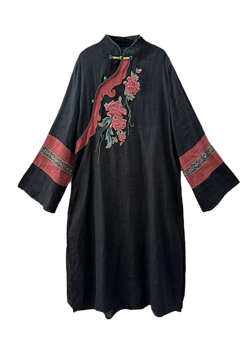 Green Stand Collar Embroideried Linen Holiday Dress Spring