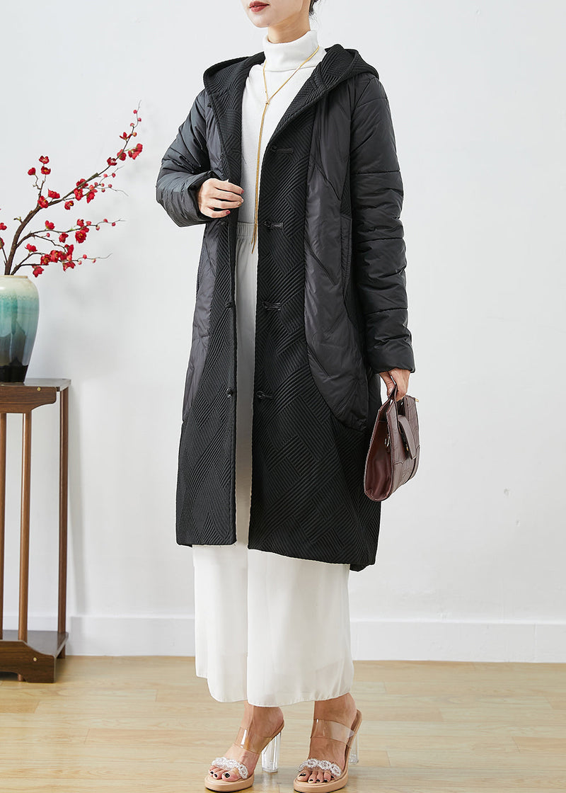 Boutique Black Hooded Patchwork Chinese Button Fine Cotton Filled Jacket in Winter