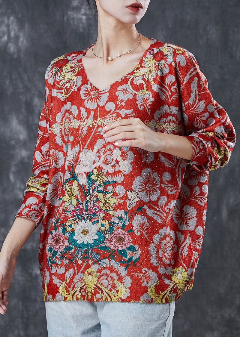 Red Oversized Zircon Knit Sweater Spring