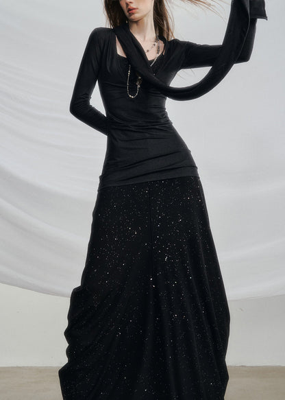 Black High Waist Cotton Two Pieces Set Hollow Out