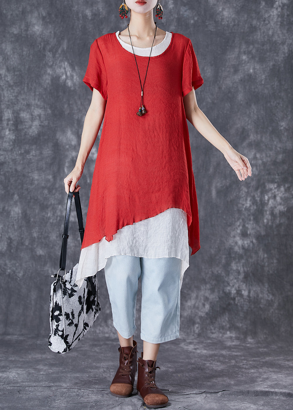 Red O-neck Asymmetrical Linen Two Pieces Set Summer