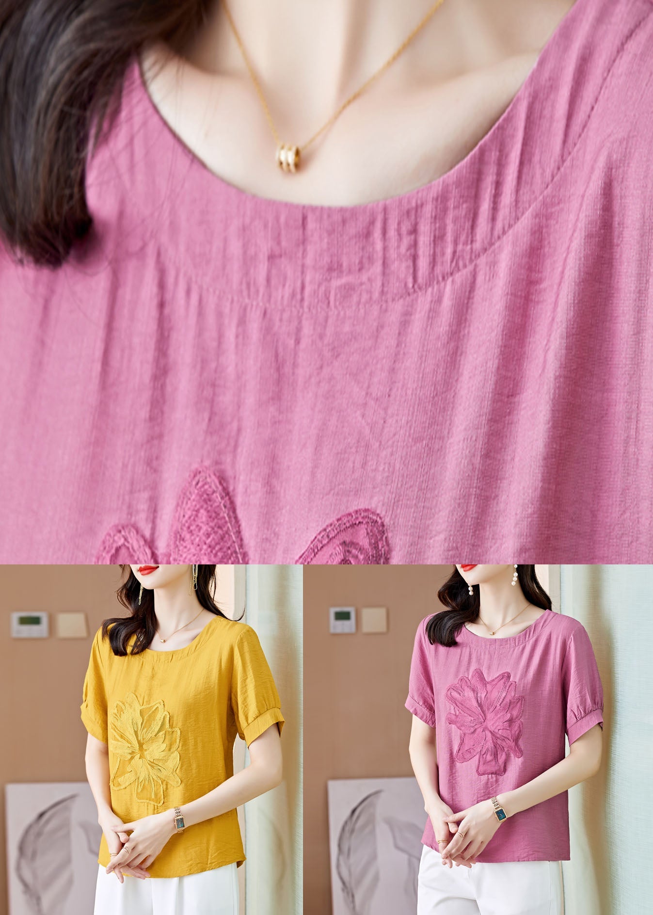 Pink O Neck Embroideried Patchwork Linen T Shirt Top Summer