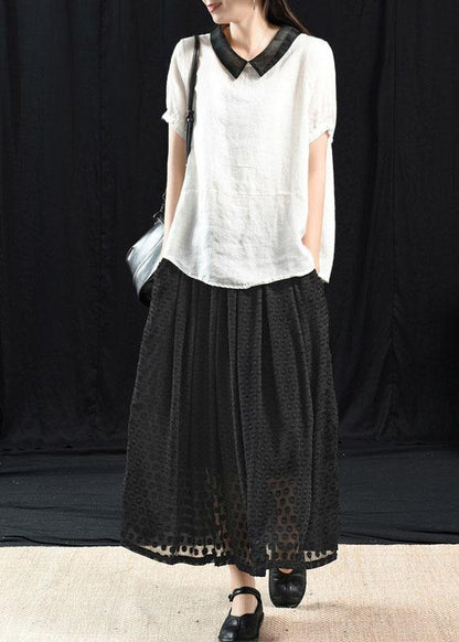 Green Patchwork Turn-down Collar Summer Short Sleeve Top