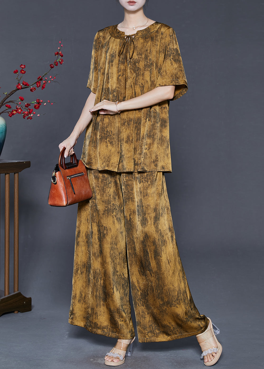 Brown Oversized Tie Dye Silk Two Piece Set Summer