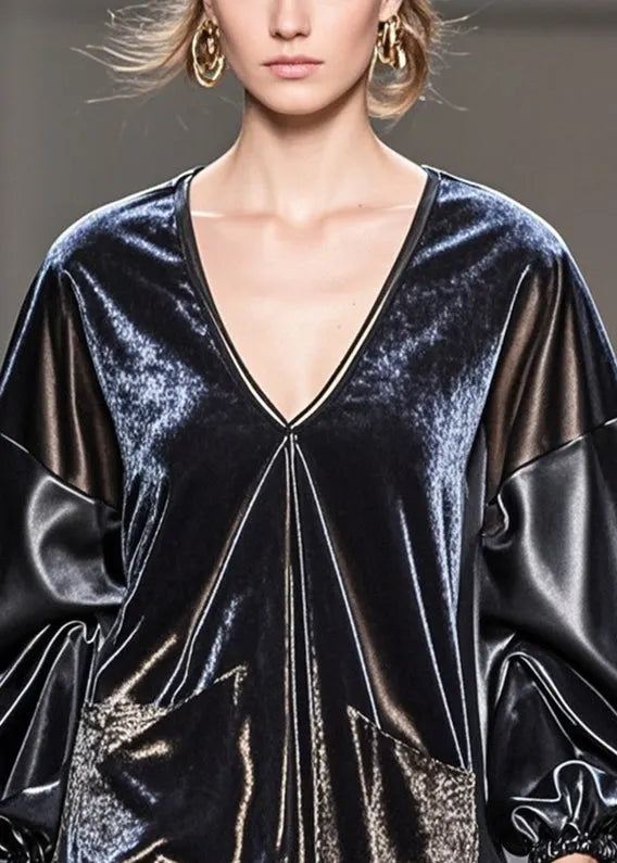 Original Design Black Asymmetrical Pu Patchwork Silk Velour Top Fall