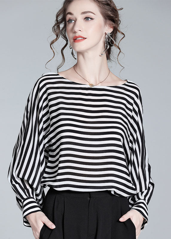 Black O Neck Striped Patchwork Silk Shirt Tops Spring