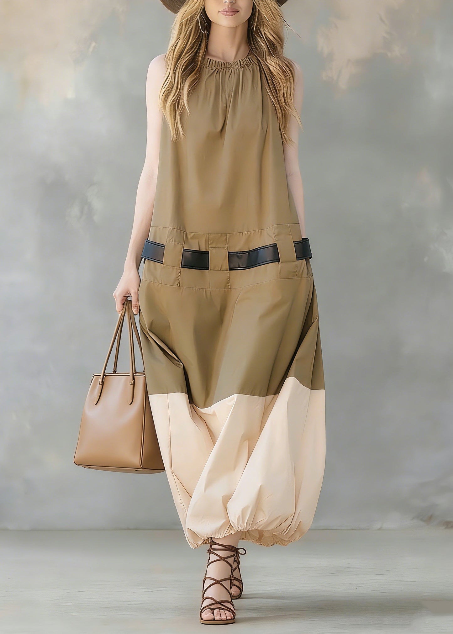 French Khaki Pockets Patchwork Cotton Dress Sleeveless Summer