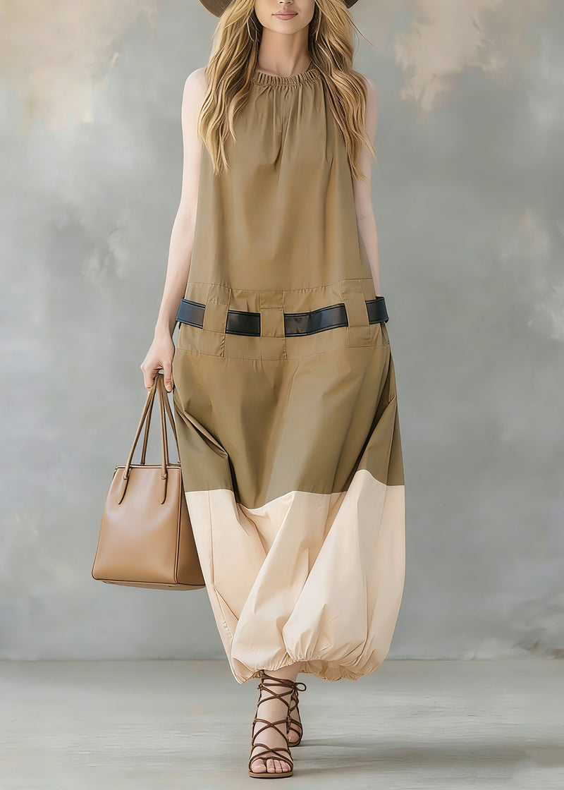 French Khaki Pockets Patchwork Cotton Dress Sleeveless Summer