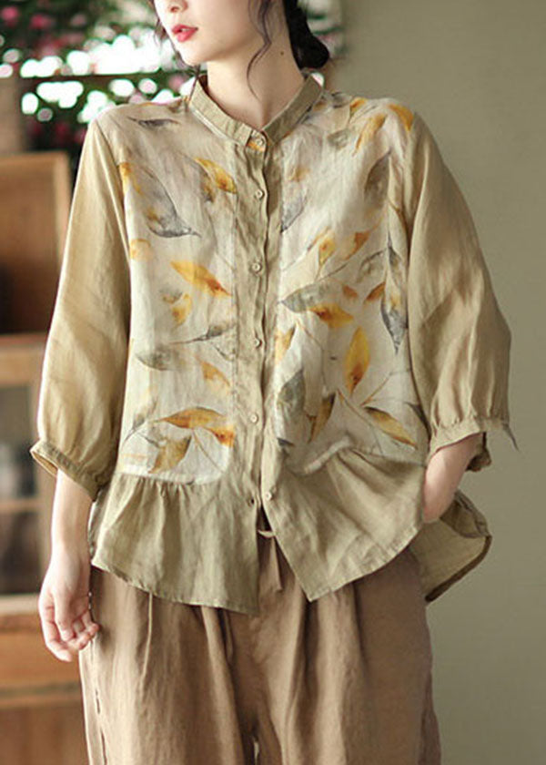 Khaki Print Linen Blouses Ruffles Peter Pan Collar Three Quarter Sleeve