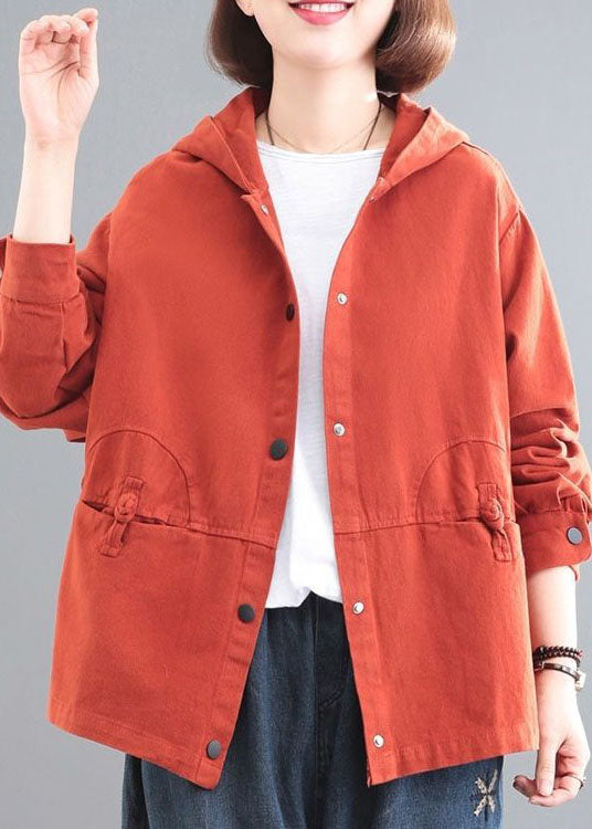 Orange Hooded Chinese Button Denim Coat Long Sleeve Spring
