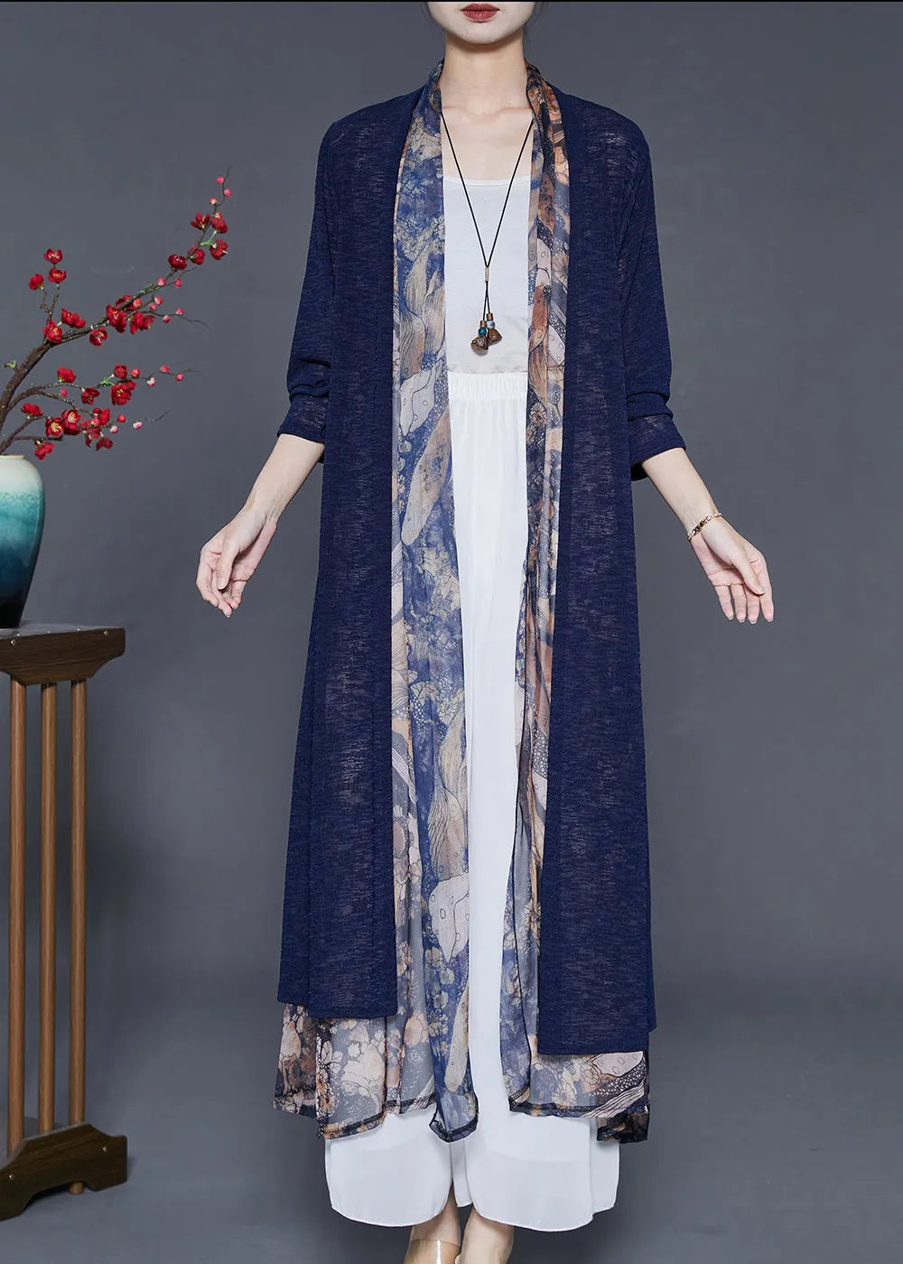Navy Patchwork Silk Cardigan Fake Two Piece Summer