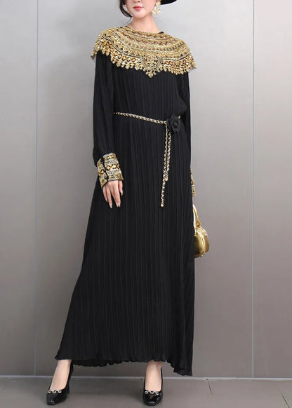 Black Wrinkled Nail Bead Sequins Maxi Dresses Fall