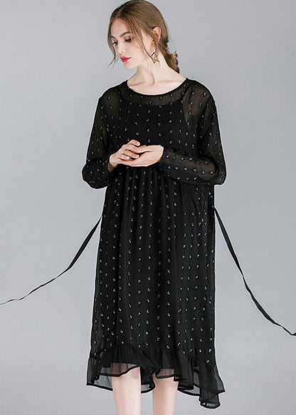 French Black O-neck Patchwork Ruffled Chiffon Dress Two Pieces Set Spring