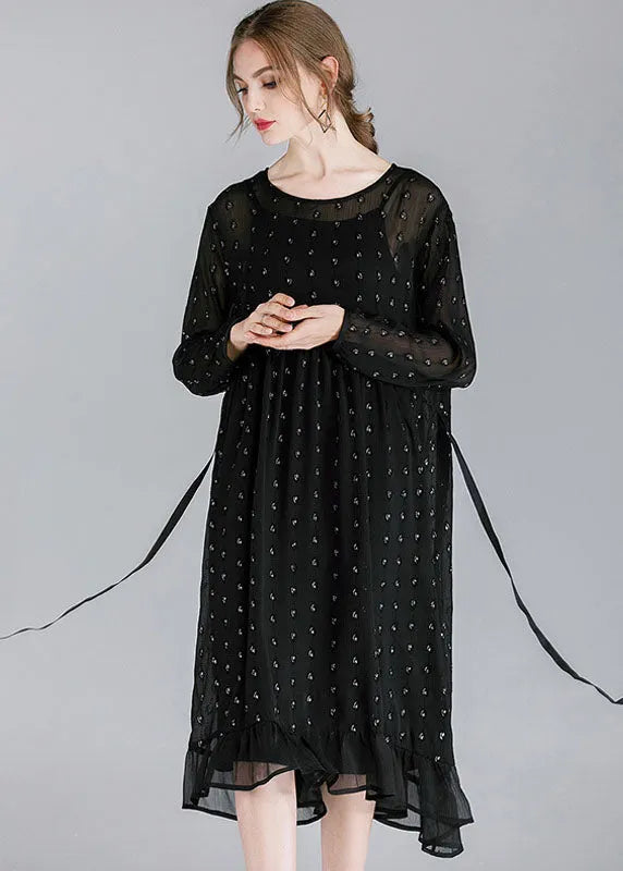 French Black O-neck Patchwork Ruffled Chiffon Dress Two Pieces Set Spring
