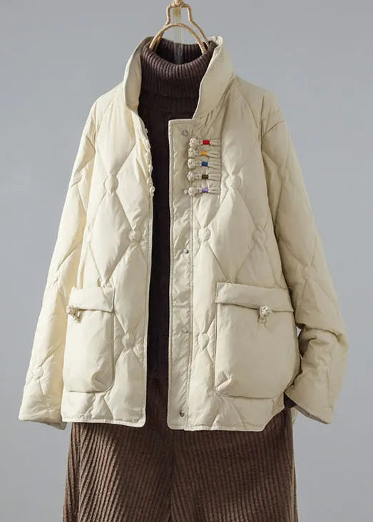 Art Green Stand Collar Chinese Button Pockets Duck Down Puffer Coat Winter