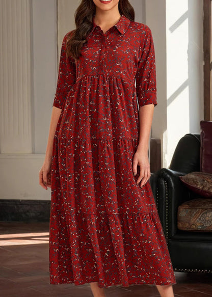Red Peter Pan Collar Print Cotton Long Dress Half Sleeve