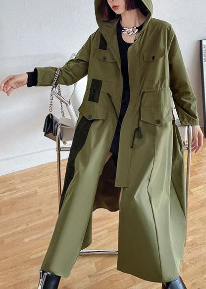 Army Green Pockets Patchwork Button Zippered Fall Tie Waist Hooded Coat Long Sleeve