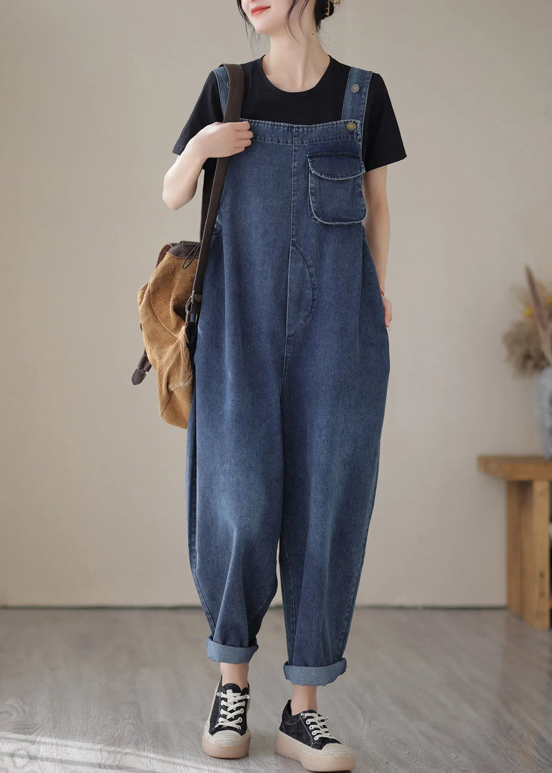 Blue Slash Neck Patchwork Button Denim Jumpsuit Summer
