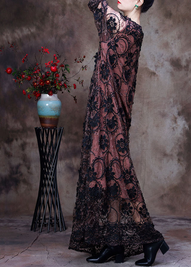 Pink O-neck Embroideried Lace Holiday Long Dress Long Sleeve