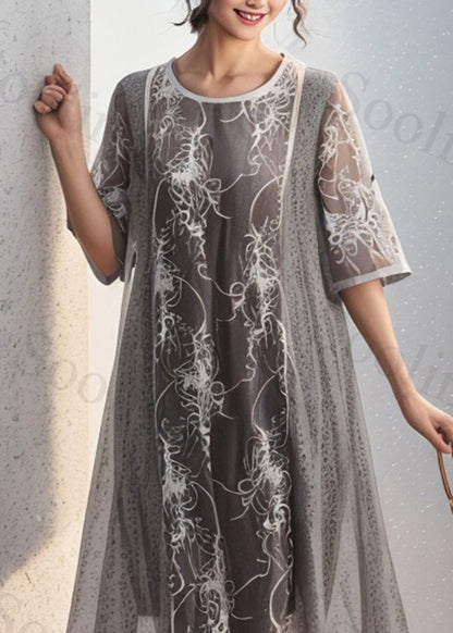 Grey O Neck Print False Two Pieces Silk Dresses Summer