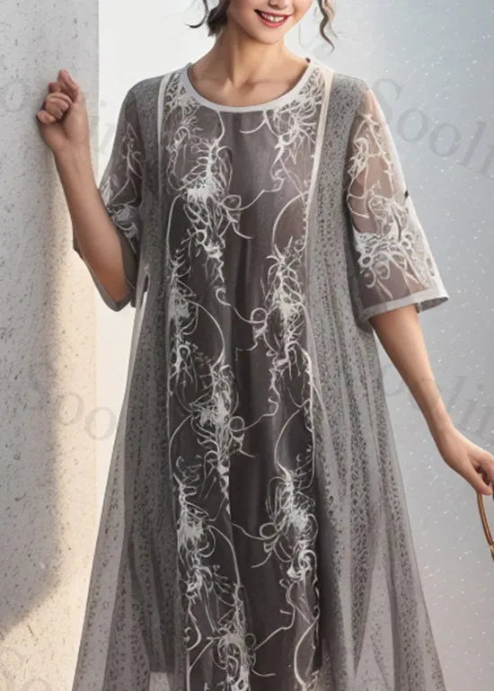 Grey O Neck Print False Two Pieces Silk Dresses Summer