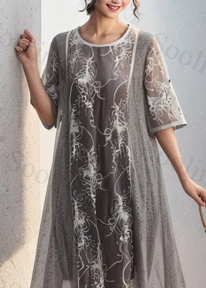 Grey O Neck Print False Two Pieces Silk Dresses Summer