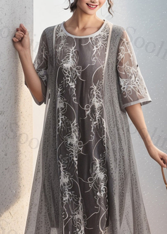 Grey O Neck Print False Two Pieces Silk Dresses Summer