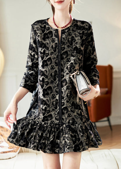 Red O Neck Ruffled Patchwork Velour Mid Dress Spring